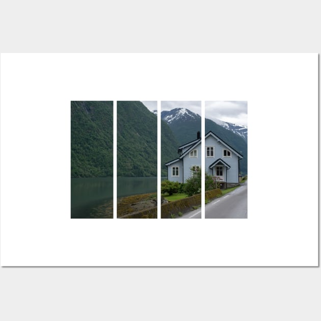 Wonderful landscapes in Norway. Innlandet. Beautiful scenery of Fjaerland village and the Fjaerlandsfjorden. Snowed mountains and waterfall. Cloudy day. Wall Art by fabbroni-art